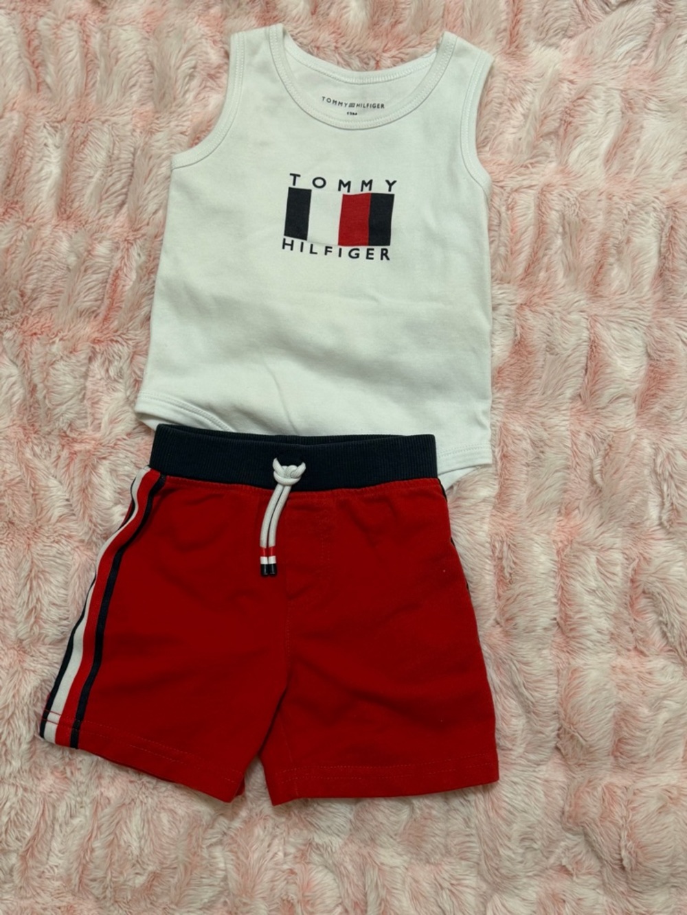 Tommy Hilfiger White Tank & Red Shorts Set with Navy Trim